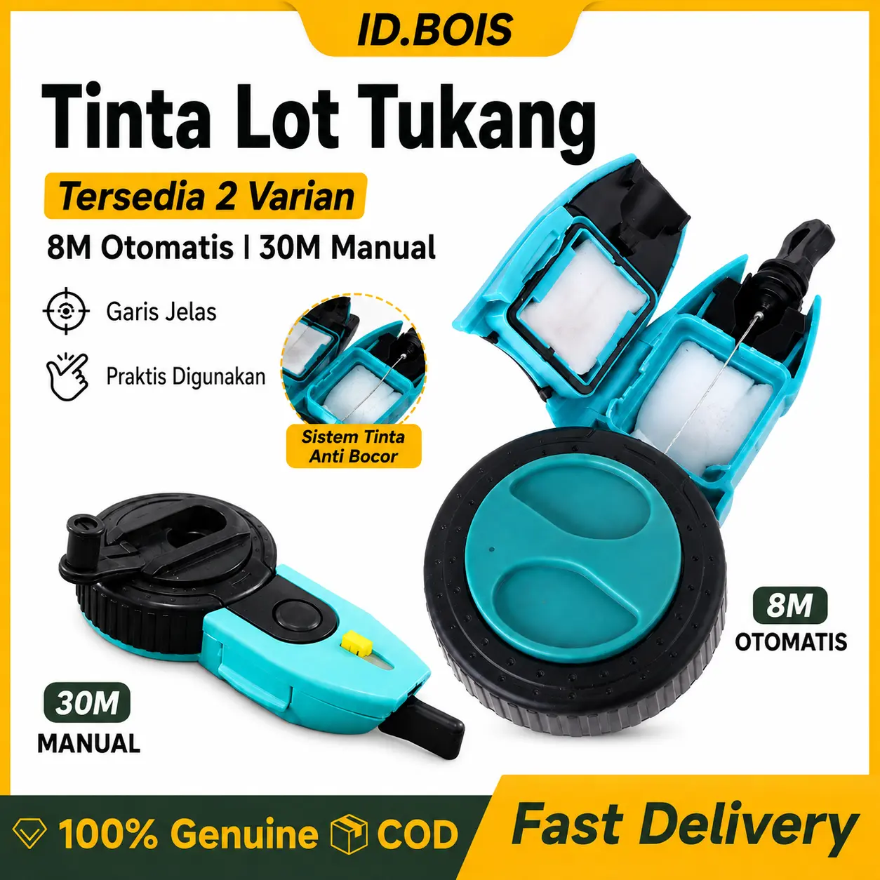 ID.BOIS Tinta Lot Sipatan Benang Tukang 8M Otomatis / 30M Manual, Alat Tarik Garis untuk Kayu & Konstruksi