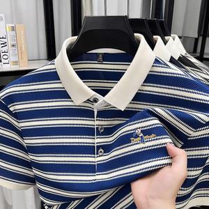 メンズ ストライプ ポロシャツ 刺繍ロゴ付き 高級でエレガント 柔らかく快適 伸縮性と通気性に優れた メンズ 1stチョイス