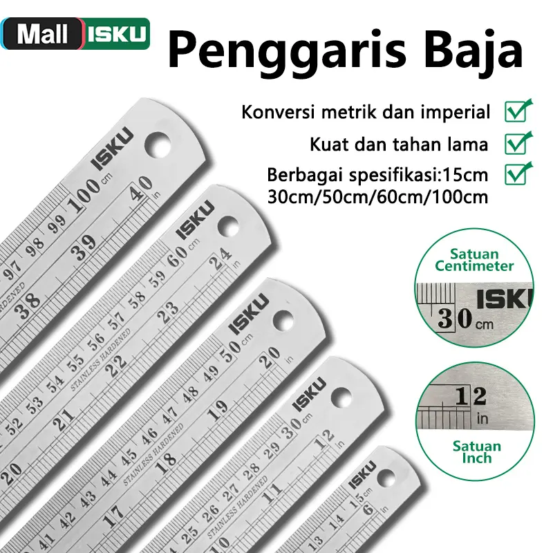 ISKU Penggaris Besi Stainless Steel 15/30/50/60/100cm Pengukuran Presisi Tinggi Anti Karat Alat DIY Profesional Bahan Berkualitas