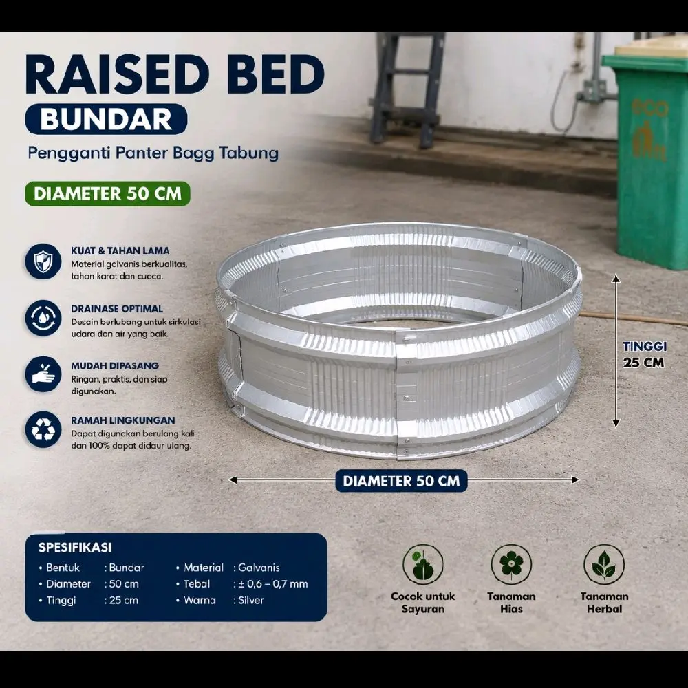 Raised Bed Bundar Diameter 50 cm Tinggi 25 cm Material Galvanis Kuat Tahan Lama Cocok untuk Sayuran Tanaman Hias Herbal