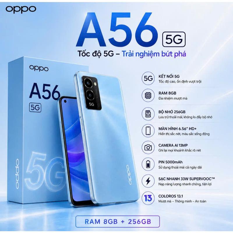 1310. 2nd hand. Điện thoại OPPO A56 5G - Xu hướng 2026 - Tặng kèm phụ kiện