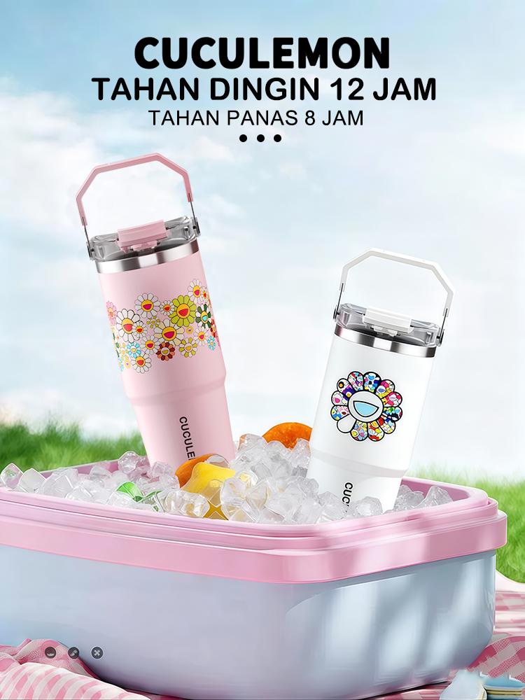 Cuculemon Tumbler Stainless 890ml | Vacuum Flask Hot & Cold 24 Jam, Anti Bocor, Dengan Sedotan & Handle, Motif Sunflower / Lip Print Aesthetic tumblers stainless botol minum sport cup bottle tumbler lucu cewek tumblers hydropack