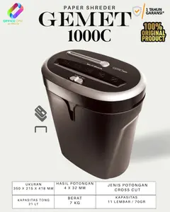 GEMET 1000C Penghancur Dokumen Cross Cut 11 Lembar Kapasitas Tong Besar 21 Lt Cocok untuk Rumah Kantor Garansi 1 Tahun - Paper