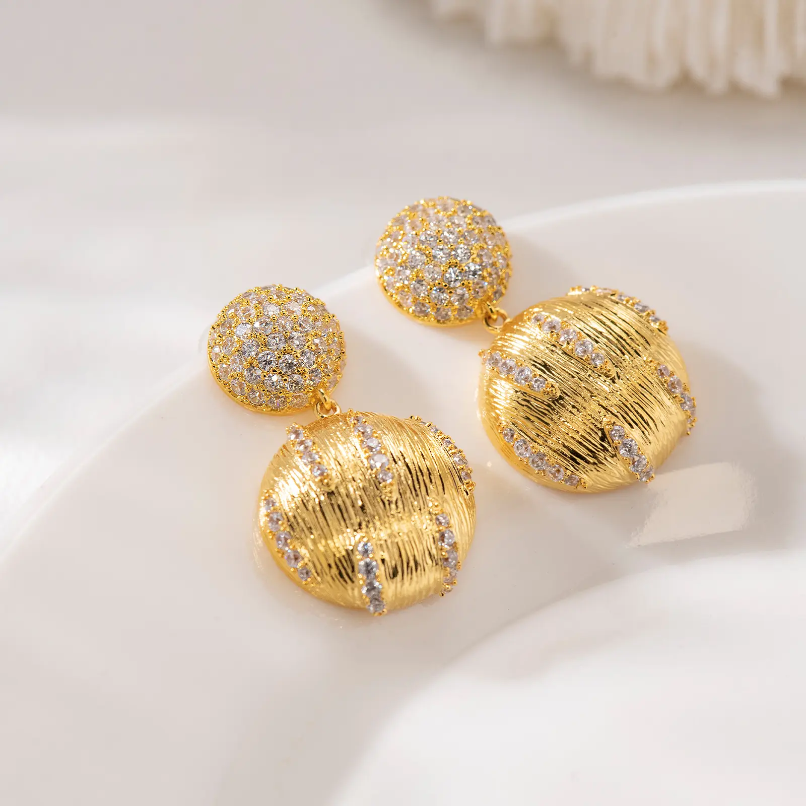 18K Gold Plated Women’s Dangle Earrings with Cubic Zirconia | Elegant Pave Design | Shiny Round & Sphere Accents | Perfect for Parties & Special Occasions