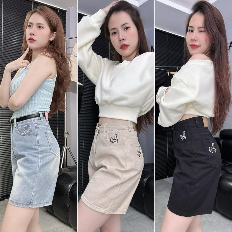 Quần Jean Ngố Thêu Thỏ Lưng Cao Vải Mềm Tôn Dáng