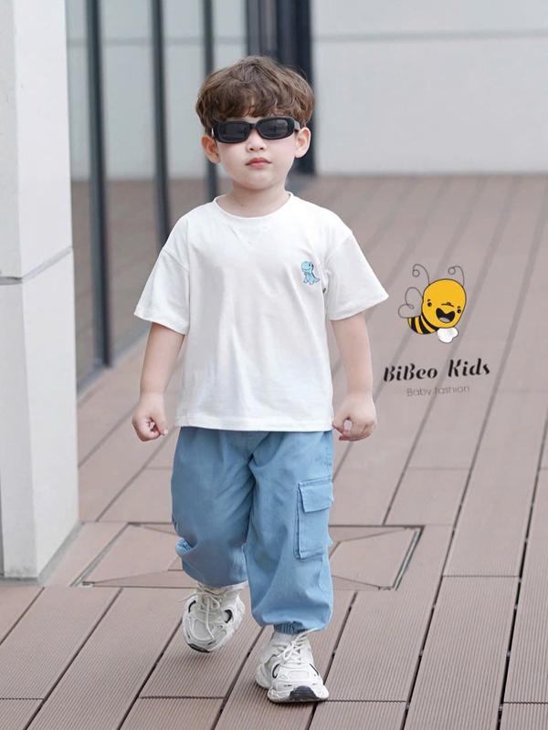 Bộ quần áo TRẮNG KHỦNG LONG QUẦN DÀI cho bé trai Áo chất COTTON mềm Quần JEAN dài thoải mái cho bé