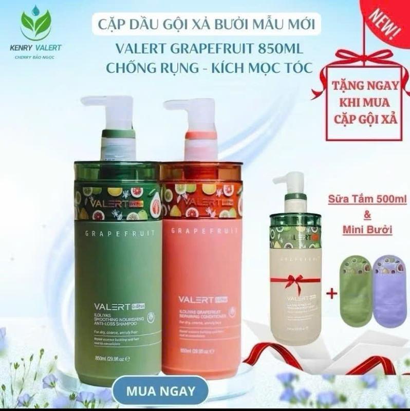 Dầu gội xả bưởi, Cặp dầu gội xả hương bưởi VALERT GRAPEFRUIT 850ml phục hồi Nữ Gội Đầu