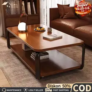 COD Meja Tamu 2 Tingkat Besi kokoh Stabil kayu Meja Ruang Tamu Modern Meja Makan Serbaguna Meja Penyimpanan Kayu Meja Kopi Minimalis