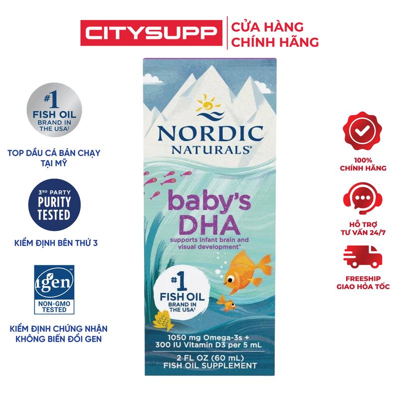  Siro Dầu Cá Omega 3 Vitamin D3 Nordic Naturals Baby DHA  60ml  Bổ Sung DHA cho Bé Sơ Sinh Từ 0-12 Tháng Tuổi 
