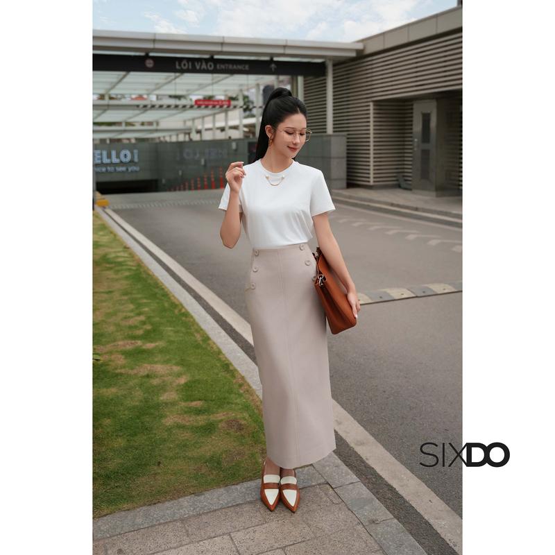  Chân váy bút chì phối cúc hông SIXDO  Beige Woven Pencil Skirt  