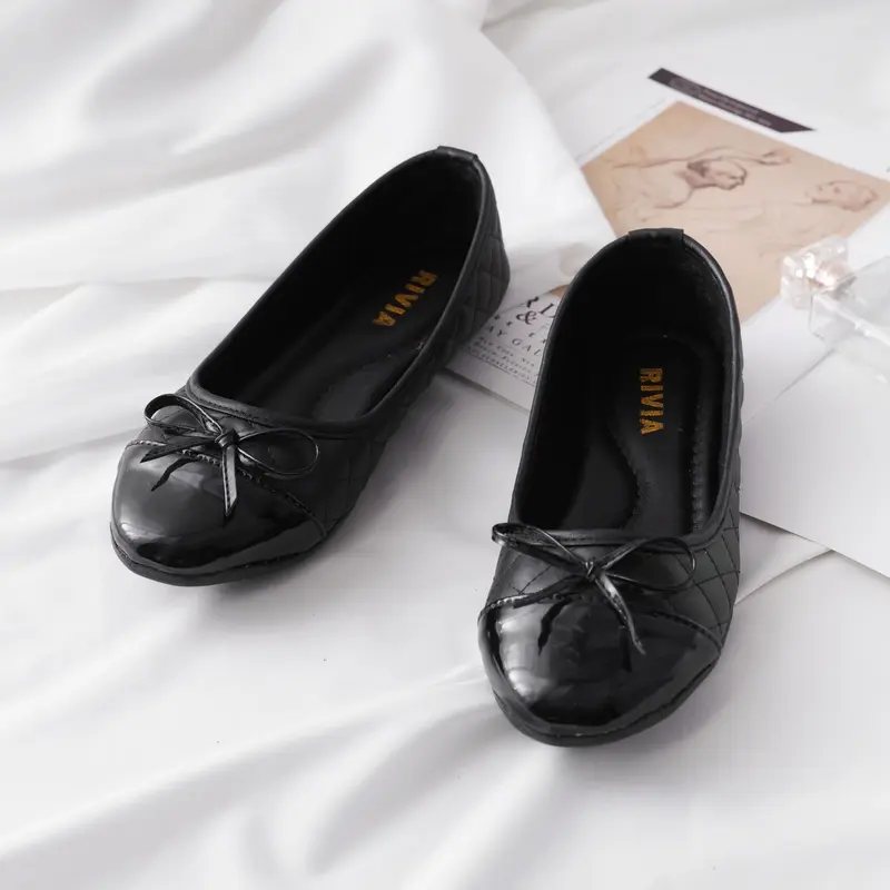 Sepatu Balet Kerja RIVIA Flatshoes Wanita Tali Iket Garis-Garis Empuk Sol Karet Hitam 6