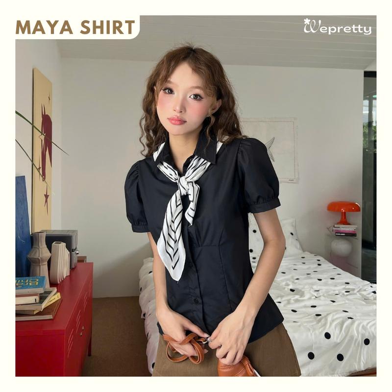 TẶNG NƠ ĐEN AH28 Áo sơ mi nữ kẻ sọc chất liệu kate mềm phối cổ tay phồng Wepretty Clothes phong cách công sở Hàn Quốc