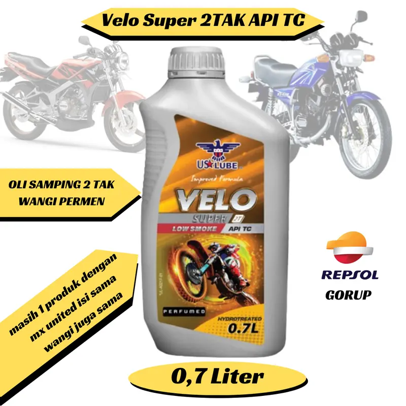 oli samping Wangi 2 tak VELO dan MX united parfume low smoke Repsol group 0.7Liter oli samping Kendaraan WANGI Mesin Motorcycle 0