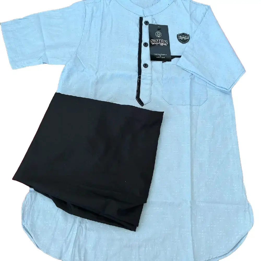 Baju Koko Setelan Anak Katun Lengan Pendek Muslim Ramadhan Lebaran Turki Motif Linen - Panjang, Peci, Kurta