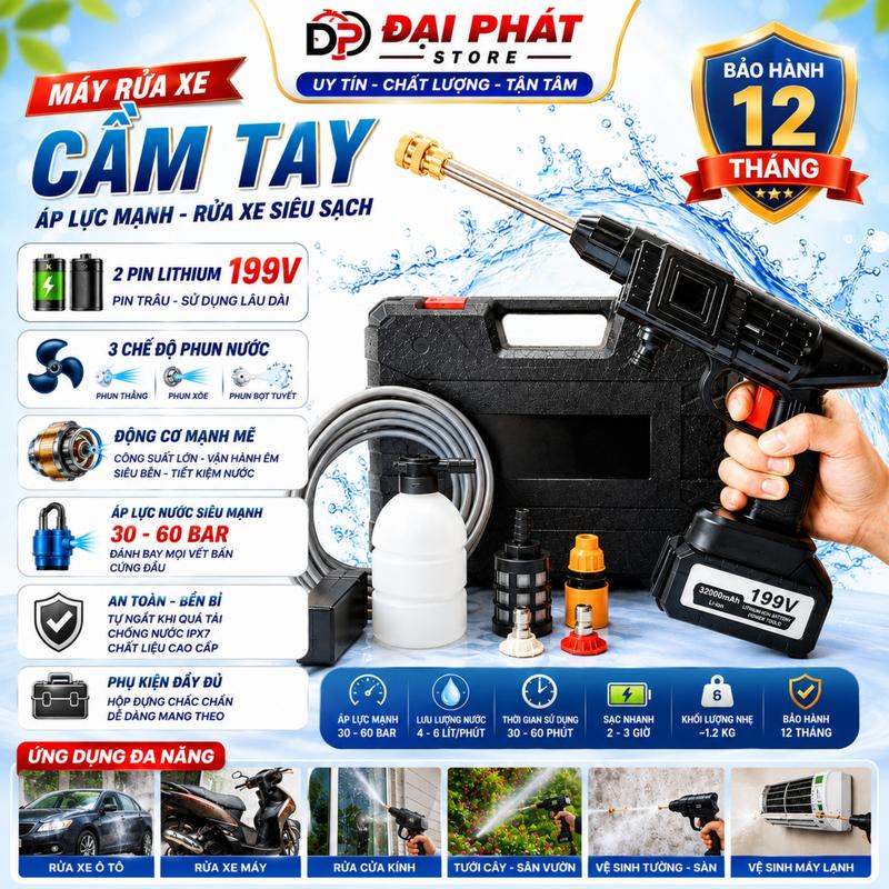 Máy rửa xe 199V - Máy xịt rửa sân vườn, Máy xịt rửa cao áp có tạo bọt tuyết…