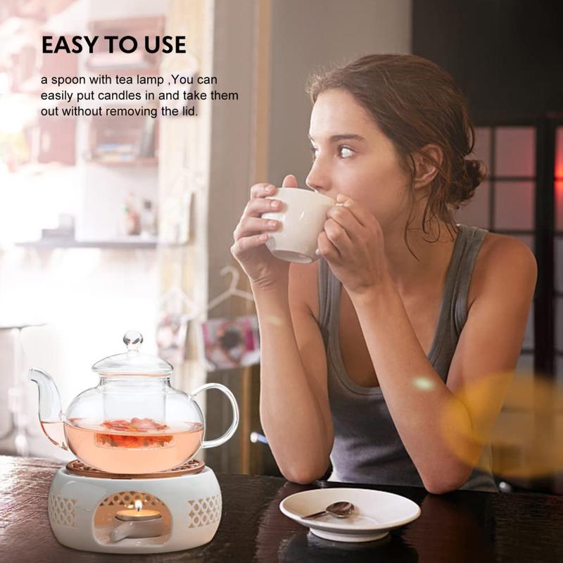 Product Introduction of Teapot Warmer Porcelain Tea Light Heater Tea Light Oven Without Electricity Candles Heating Oven White Teapot Heater Winter Tea Warmer for Home Tea House (with Spoon + Lid) 7