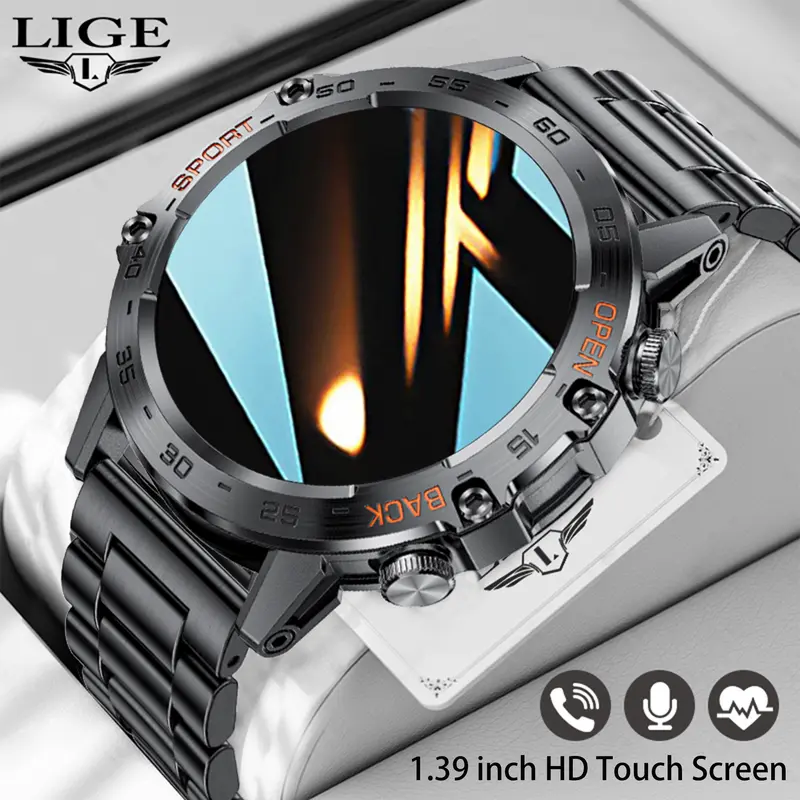 LIGE Jam Tangan Pintar Pria Layar Bulat 1,39 Inci Bluetooth Panggilan  Olahraga Kebugaran Jam orange-silikon tali jam