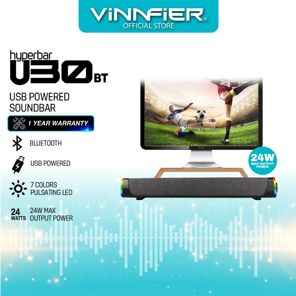 VINNFIER HYPERBAR U30 BT USB Powered Soundbar 24W Max Output Power with Multi Colors Light Effects Audio Bluetooth Speaker Noise Smartphone vinn fier