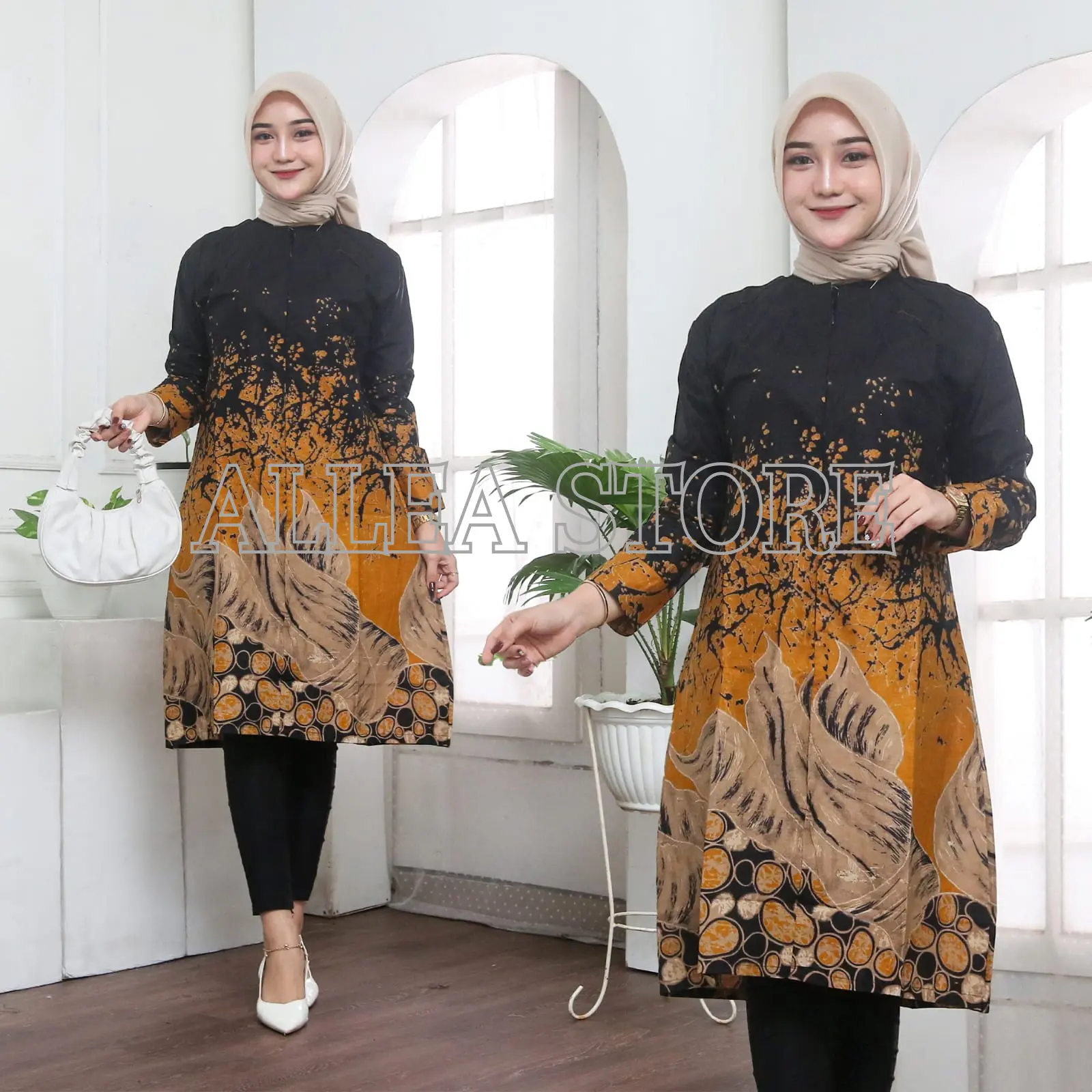 Tunik seleting terbaru modern dress motif gelombang, Pakaian  Atasan  wanita lengan panjang tunik batik Katun