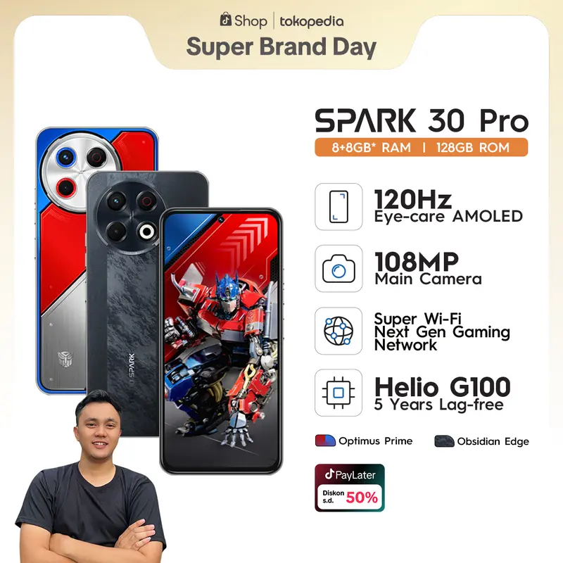[devgadget] TECNO SPARK 30 Pro - 8+8GB*+128GB, 120Hz Eye Care AMOLED Display, 108MP Main Camera, Super Wi-fi, 5.000mAh + Bypass Charging, MediaTek Helio G100, 4.5G Fast Network, Android 14, Garansi 12+1 Bulan 1