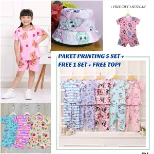 Paket Tebus Murah 5 SET + FREE 1 ATASAN ANAK PEREMPUAN + FREE TOPI Setelan Printing Baju Anak Perempuan (P018) CP dan HP baju anak labubu kuromi cinnamoroll Motif Fashion setelan anak perempuan 2025 ootd anak kece