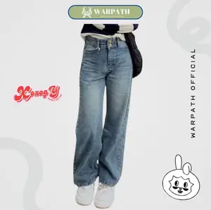 WARPATH - Highwaist Kulot Loose Baggy Jeans Retro Wanita Double Kancing Celana Panjang Cewek Nyaman XOXOGY 8891