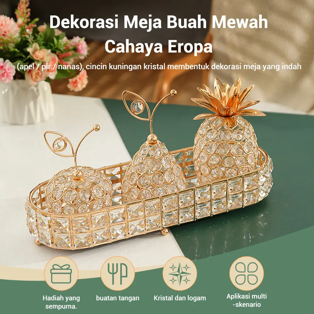 Ornamen Kristal Buah Crystal Nanas Pear Apple dekorasi Ruang Tamu Mewah Tampilkan Apel Nanas Kristal pajangan Mewah Swarlovsky Nampan Kaca Kristal Gold Nampan Kaca Aesthetic Crystal Tray Dekorasi Buah Emas Dekorasi Ruang Tamu