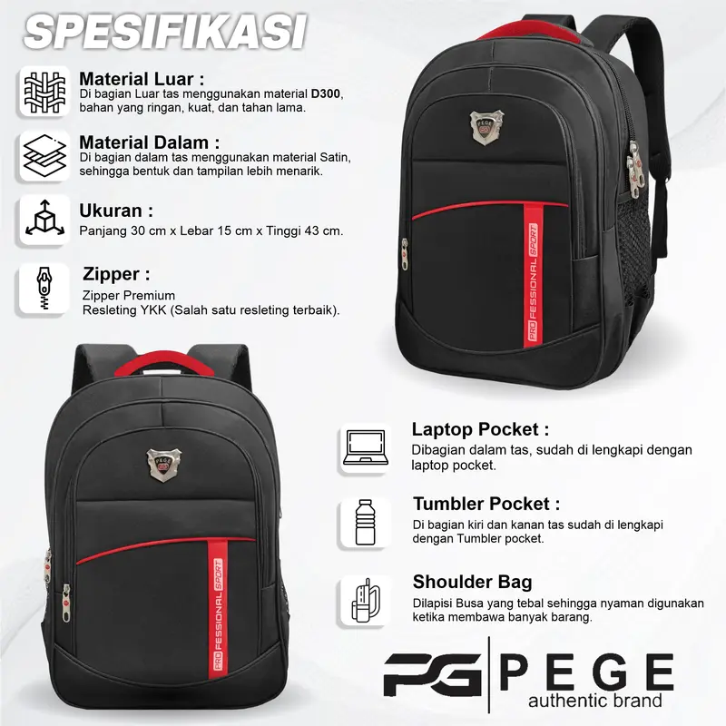 Tas Ransel Laptop Pria PEGE Cavan Tas Punggung Hitam Stripe Merah Gaya Elegan dan Casual - PG 29 5