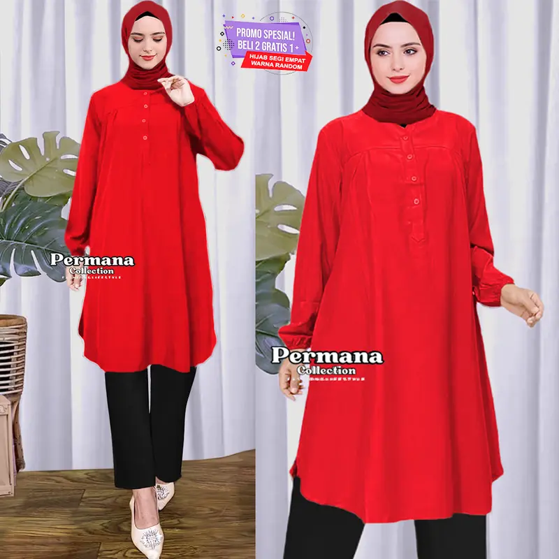 Baju Tunik Atasan Wanita Jumbo Size Lengan Panjang Dewasa Kantong Muslim Rayon Katun Nyaman Remaja Oversize kemeja Kancing 0