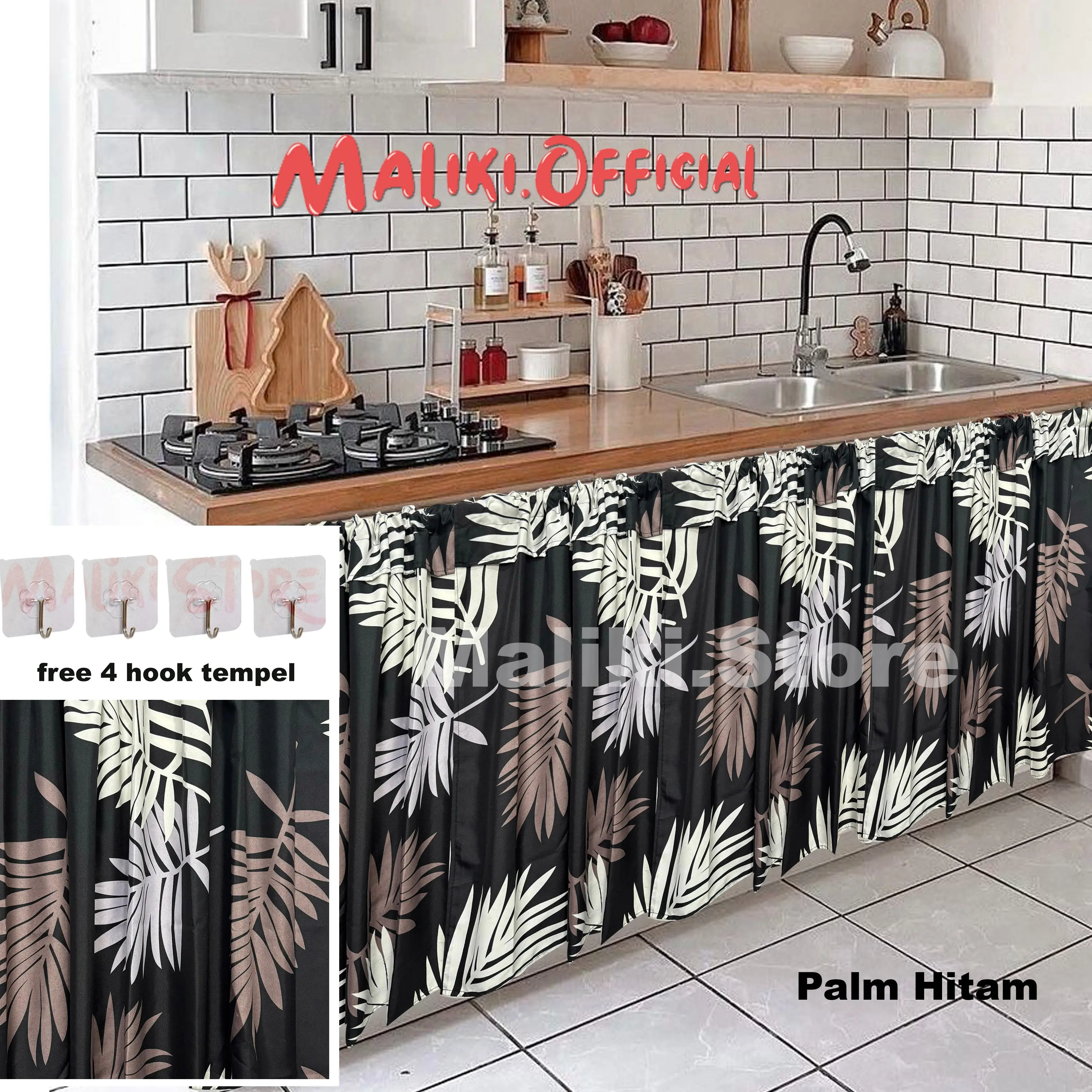 NEW PAKET 2 PCS Gorden Kolong Dapur Aestetik 2 PCS Bahan Katun Lembut Tahan Lama Anti-Susut Tahan Pudar Free Tali dan 4 Hook Tempel Ukuran 100cm x 60cm/70cm/80cm - Curtain