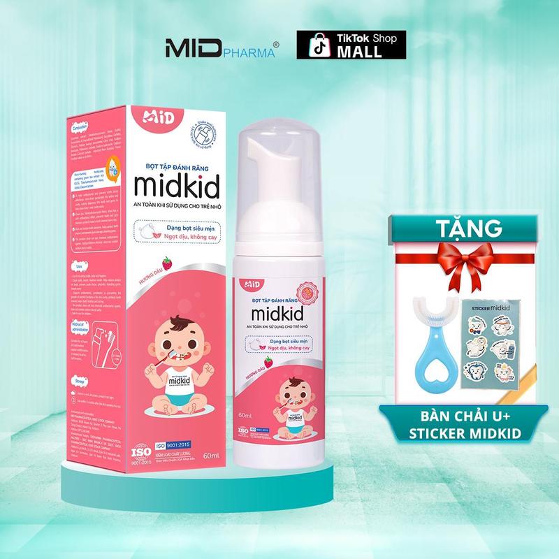 Bọt tập đánh răng Midkid vị Dâu 60ml cho bé từ 1 tuổi, bọt mịn tan nhanh, nuốt an toàn -  Tặng Bàn chải chữ U  + Sticker