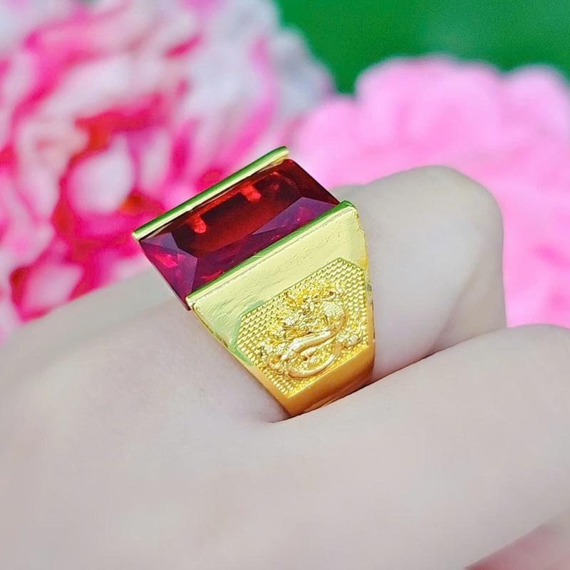  Nhẫn Nam Mặt Đá Ruby Chữ Nhật Nước Đá Đỏ Chạm Rồng Titan Không Gỉ Xi Vàng Bền Màu 