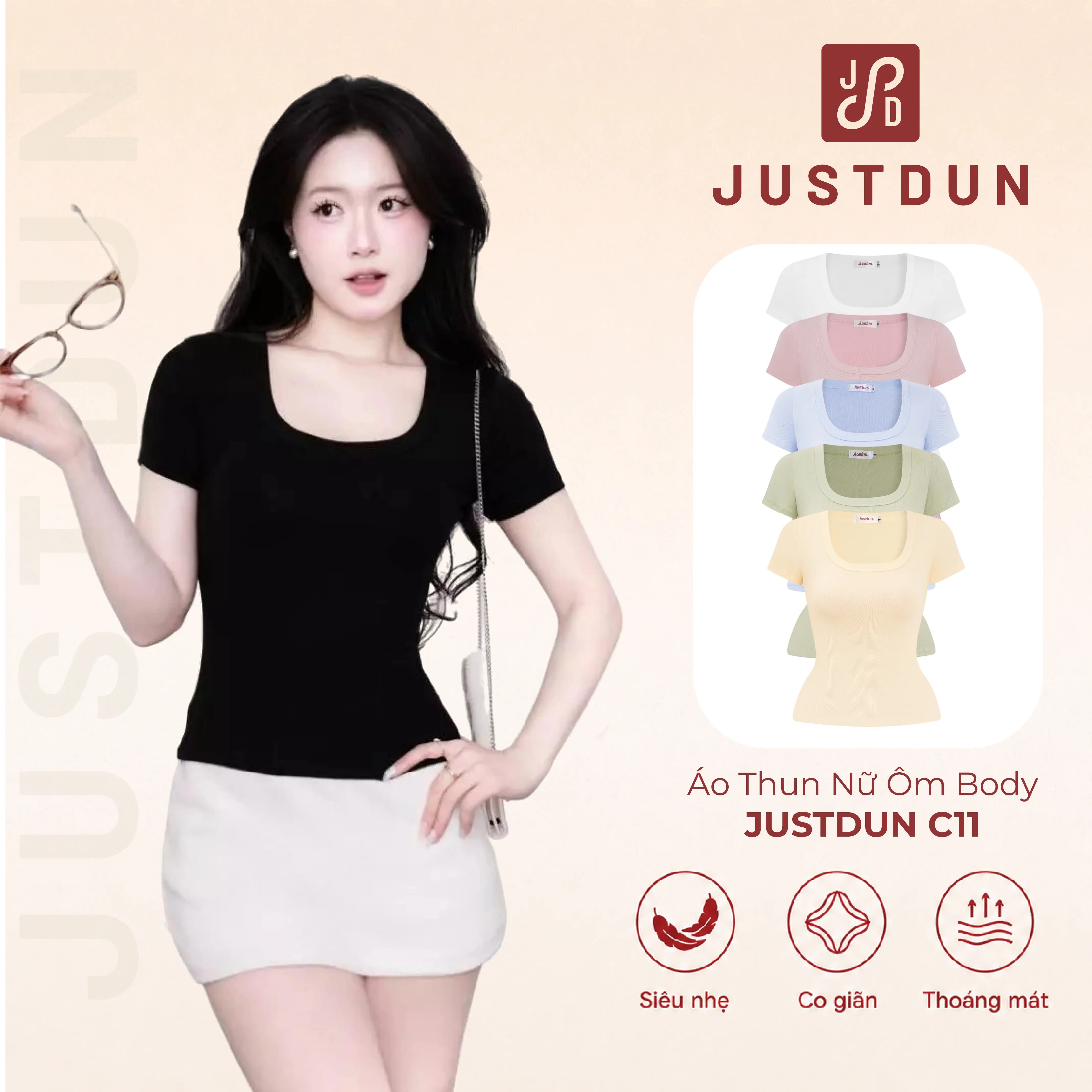 JUSTDUN Áo Thun Nữ Ôm Body Cổ Vuông JUSTDUN C11 - Cotton Mịn, Co Giãn, Mềm Mại, Êm Ái, Thoáng Mát