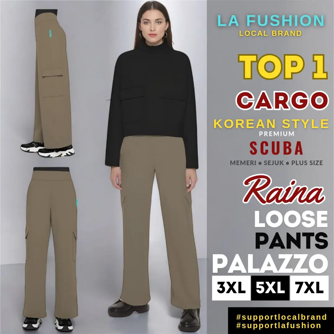 LA FUSHION RAINA CARGO STYLE STRAIGHT CUT PANTS (2 POCKETS) Kain Casual Ironless Slack Stretchable Trousers CARGO PANTS PALAZZ SCUBAO PALAZO KARGO SELUAR LABUH SCUBA formal wanita Belt