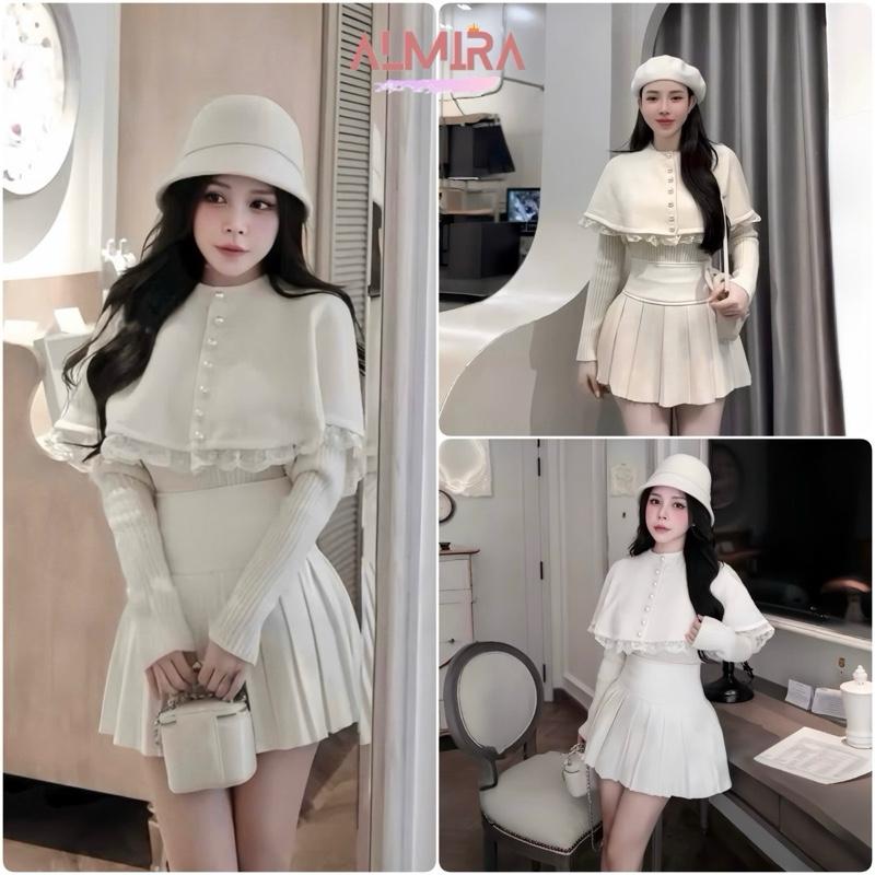  Sét Váy 3 Món Thu Đông Mỹ Nhân Gồm Áo Len + Áo Choàng Phối Ren + Chân Váy Xếp Ly 