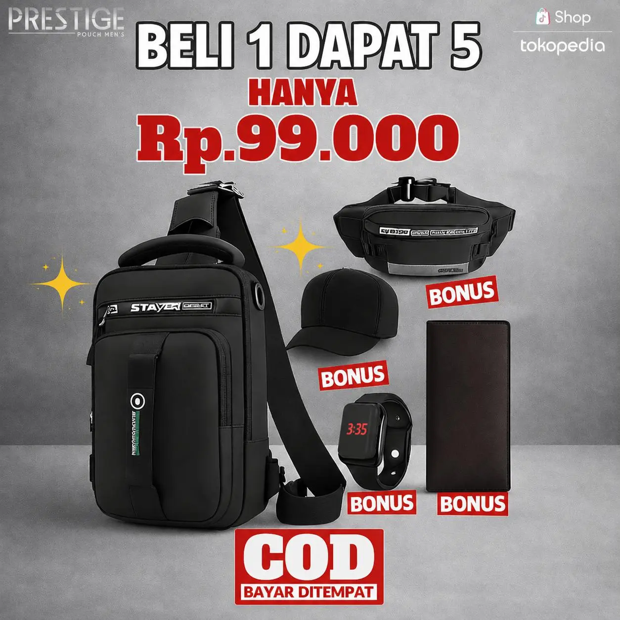 PAKET CERIA - Beli 1 Dapat 5 Tas Multifungsi Get Waistbag Dompet Topi dan Jam Tangan Pria Selempang Kulit Hitam