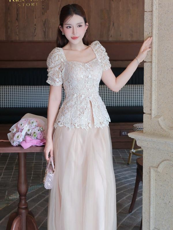 [Kiều Linh]-Set Váy Maxi Dự Tiệc Thiết Kế KL528 chất liệu Ren Hoa phối chân váy Lưới cao cấp, 2 Lớp Lót, Giấu Đường May