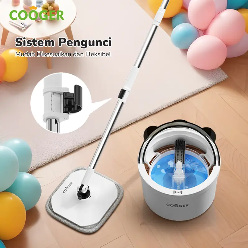 COOGER Alat Pel Lantai Putar Plus Bentuk Panda Single Bucket Plus Spin Mop 2IN1 Panda Dual Teknologi Pemisah Air Kotor Dan Bersih Dalam Satu Ember Kain Stainless Hitam Pink 4