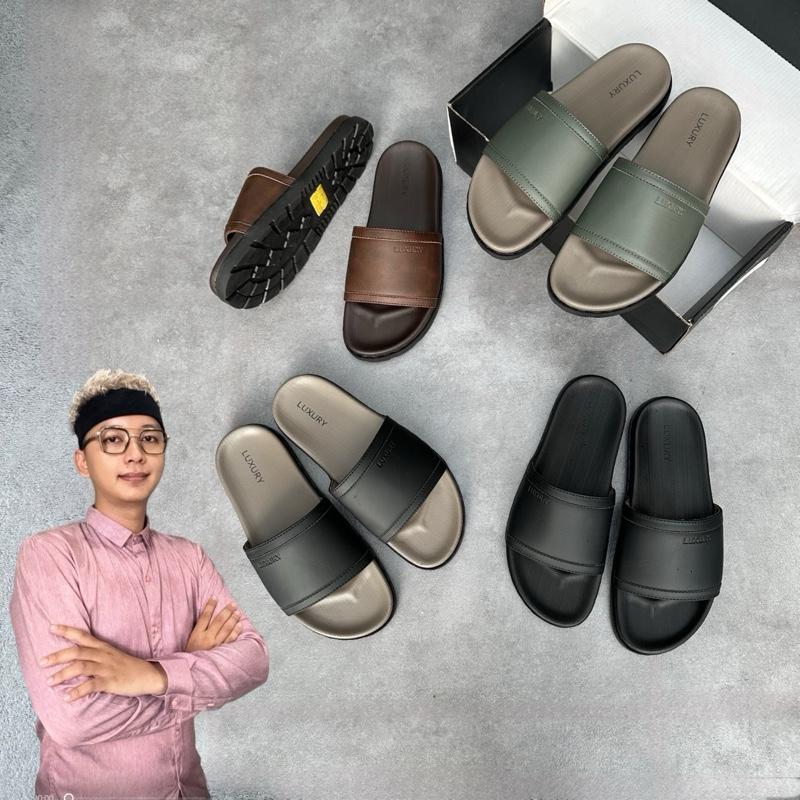 Hậu Nhà Bè Khâu dấu chỉ Dép nam LUXURY quai ngang đơn giản khâu chỉ toàn bộ. Đế đúc cao su êm chân.