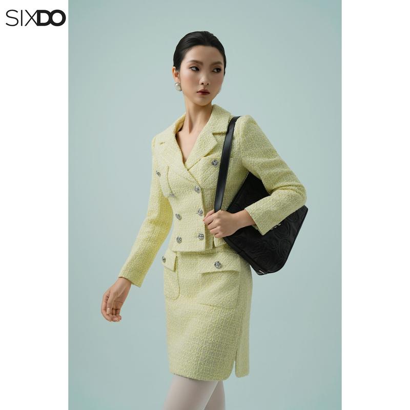 Chân váy ngắn dạ tweed phối túi SIXDO Light Yellow A-line Mini Tweed Skirt