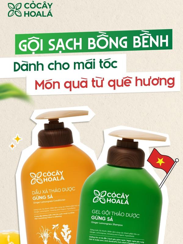 Combo Dầu Gội Xả Thảo Dược Hữu cơ Gừng Sả - Cỏ Cây Hoa Lá - Ngăn Dầu Bết Tóc Và Giảm Gàu Ngứa 500g