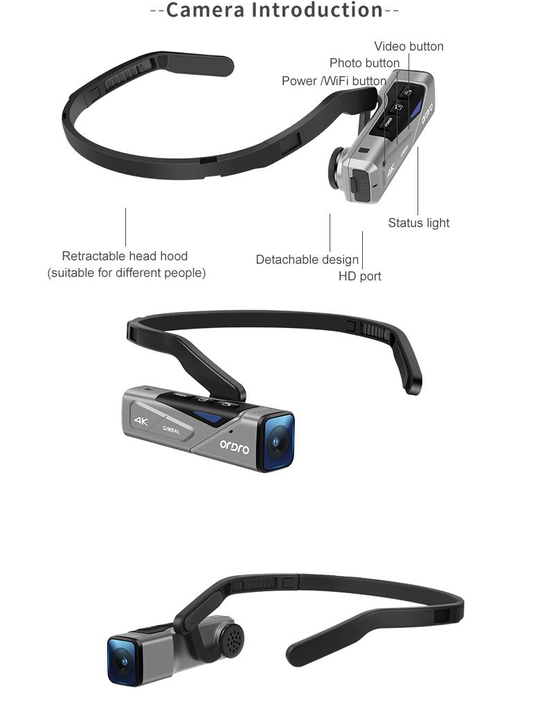 Product Introduction of กล้องวิดีโอแบบติดตั้งบนหัว, ORDRO EP7, กล้อง Vlog, 4K, พร้อมการควบคุมแอพ WIFI, กล้องขนาดเล็ก, โคลง Gimbal 2 แกน, พร้อมรีโมทคอนโทรล, หน่วยความจำ 32G, การ์ด TF 20