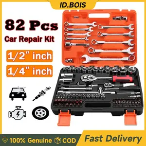 ID.BOIS Set perkakas 82 buah/soket alat kunci paspenyerap guncangan/set kotak perkakasmobil/set obeng/ perlengkapan sepeda motoruntuk digunakan di rumah/kokoh dan tahanlama/mudah dibawa Logam Car Mobil Motor/alatkunci pas soket Set