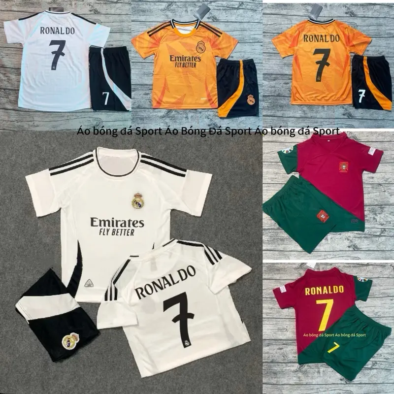 Bộ quần áo đá bóng trẻ em Realmadrid mới in số 7 Ronaldo- Vải mè thái cao cấp Cho Bé