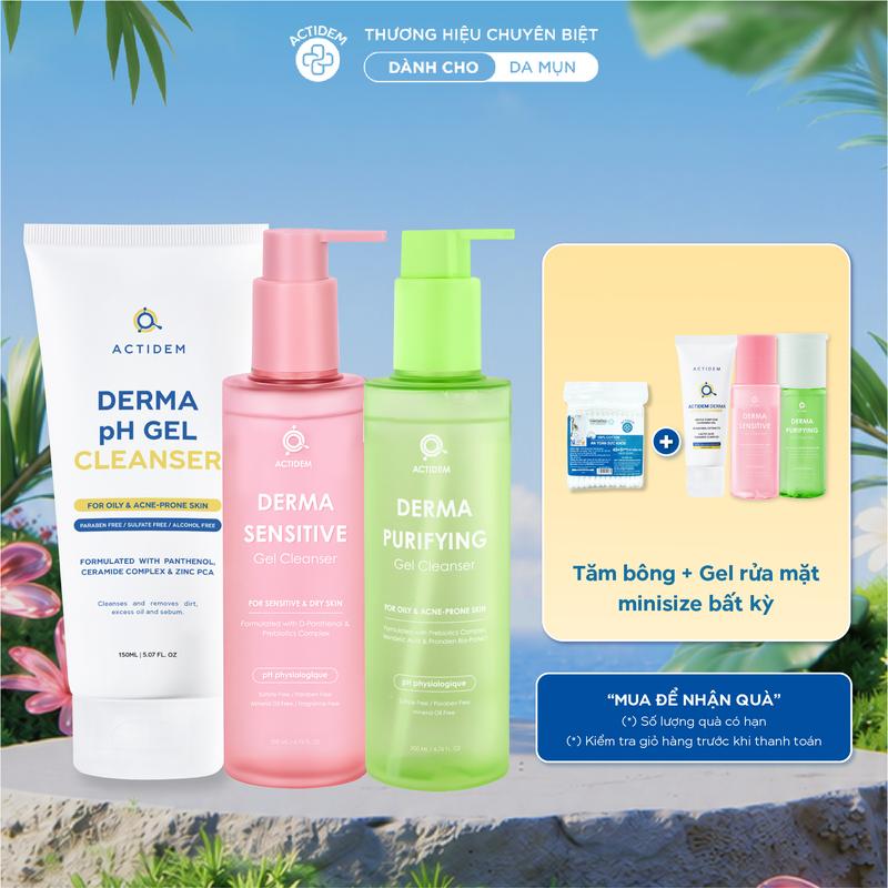 Gel rửa mặt cho da dầu, nhạy cảm, da hỗn hợp Actidem Derma pH/Sensitive/Purifying Gel Cleanser 30/150/200ml- ADS