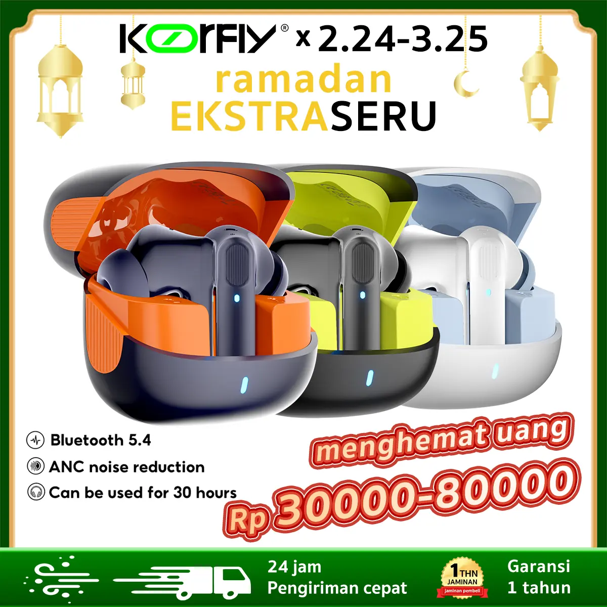 KOORFLY EP800 Terbaru TWS Wireless Bluetooth Earphone -42DB ANC 13MM Driver Stereo Bass AI Noise Cancellation & 0.06s Low Latency Headset Bluetooth Gaming Earbuds