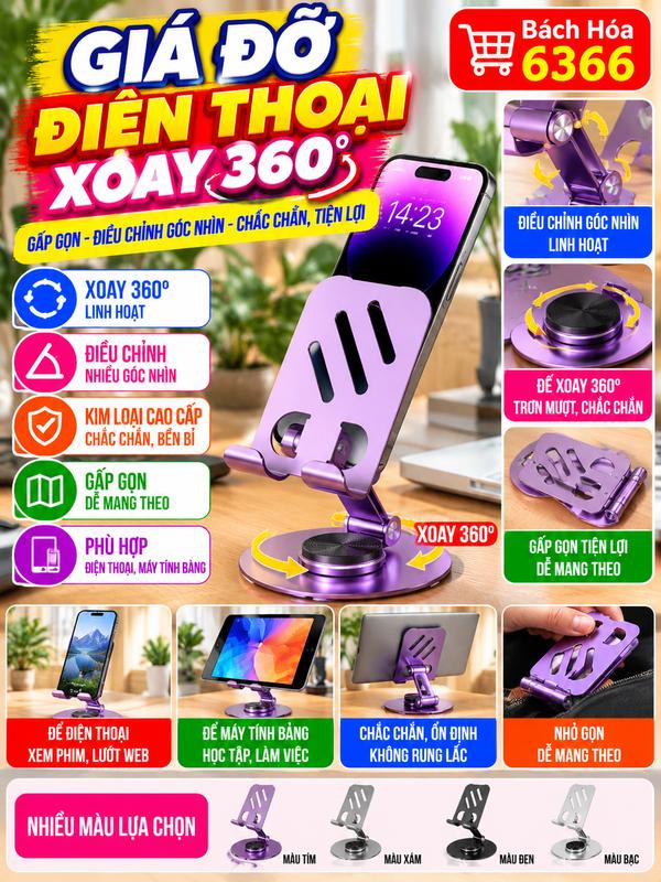 Giá Đỡ Điện Thoại Để Bàn Xoay 360 Độ, Giá Đỡ Điện Thoại Kim Loại Gấp Gọn, Điều Chỉnh Độ Cao Góc Nhìn, Kệ Đỡ Điện Thoại Máy Tính Bảng Chống Trượt