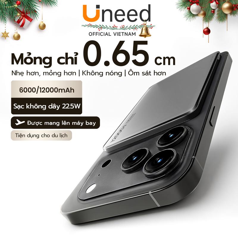 Uneed Sạc Dự Phòng Mini Siêu Mỏng Sạc Không Dây Pin Dự Phòng dung lượng lớn kích thước nhỏ 6000mAh 12000mAh dễ dàng mang theo hỗ trợ sạc nhanh không dây cục sạc dự phòng mini tương thích với iPhone 17