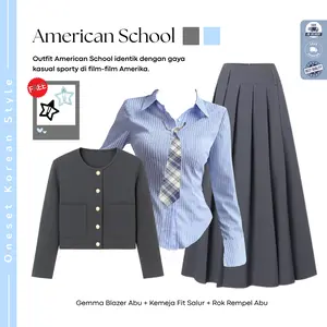 Ootd Yearbook American School (Atasan Gemma Blazer Abu + Atasan Kemeja Fitted Salur Biru+ Bawahan Rok Remple ) One Set Ootd Yearbook  - FO01