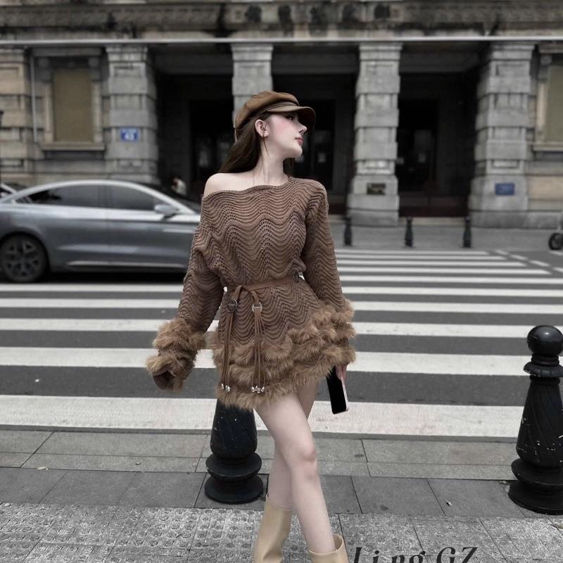 Mèo Mỡ Bigsize — Áo lệch vai tầng phối lông vũ tay dài kèm thắt lưng nịt 50-80kg bigsize hàng sẵn